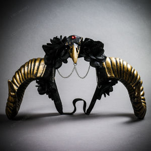 Gothic Demon Raven Skull Large Horn & Rose Headband - Black Gold